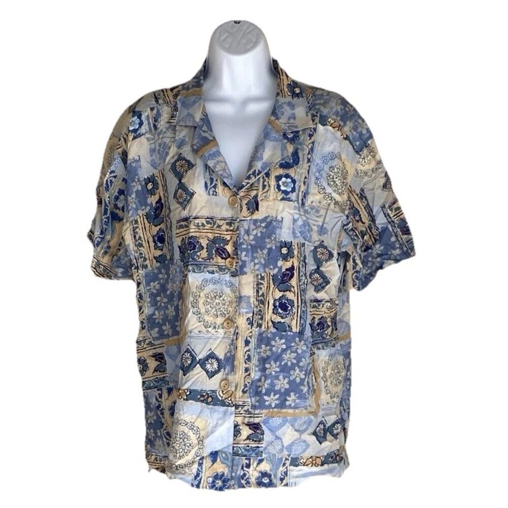 VTG Peter Popovitch Men’s Tropical Button Shirt Blue Floral Patchwork 90s XL